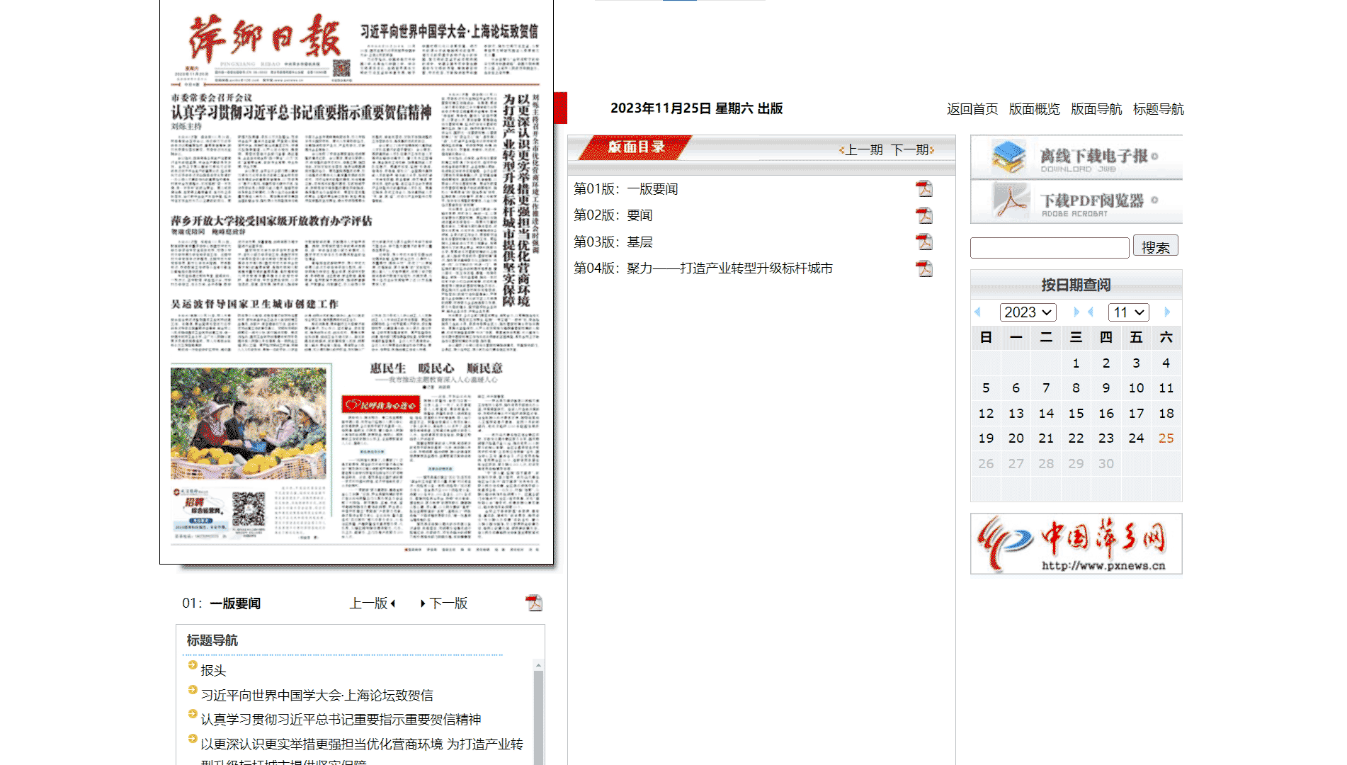 萍乡日报网站首屏快照