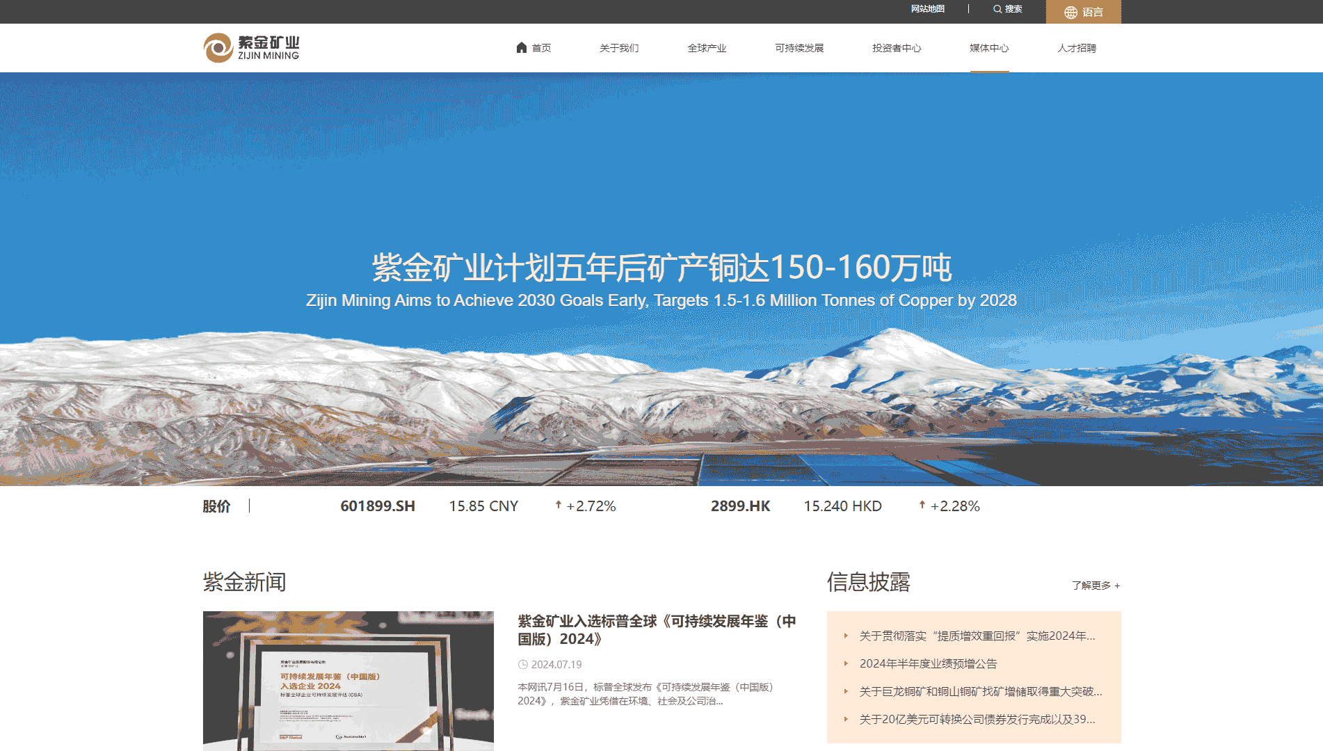 紫金矿业集团股份有限公司网站首屏快照